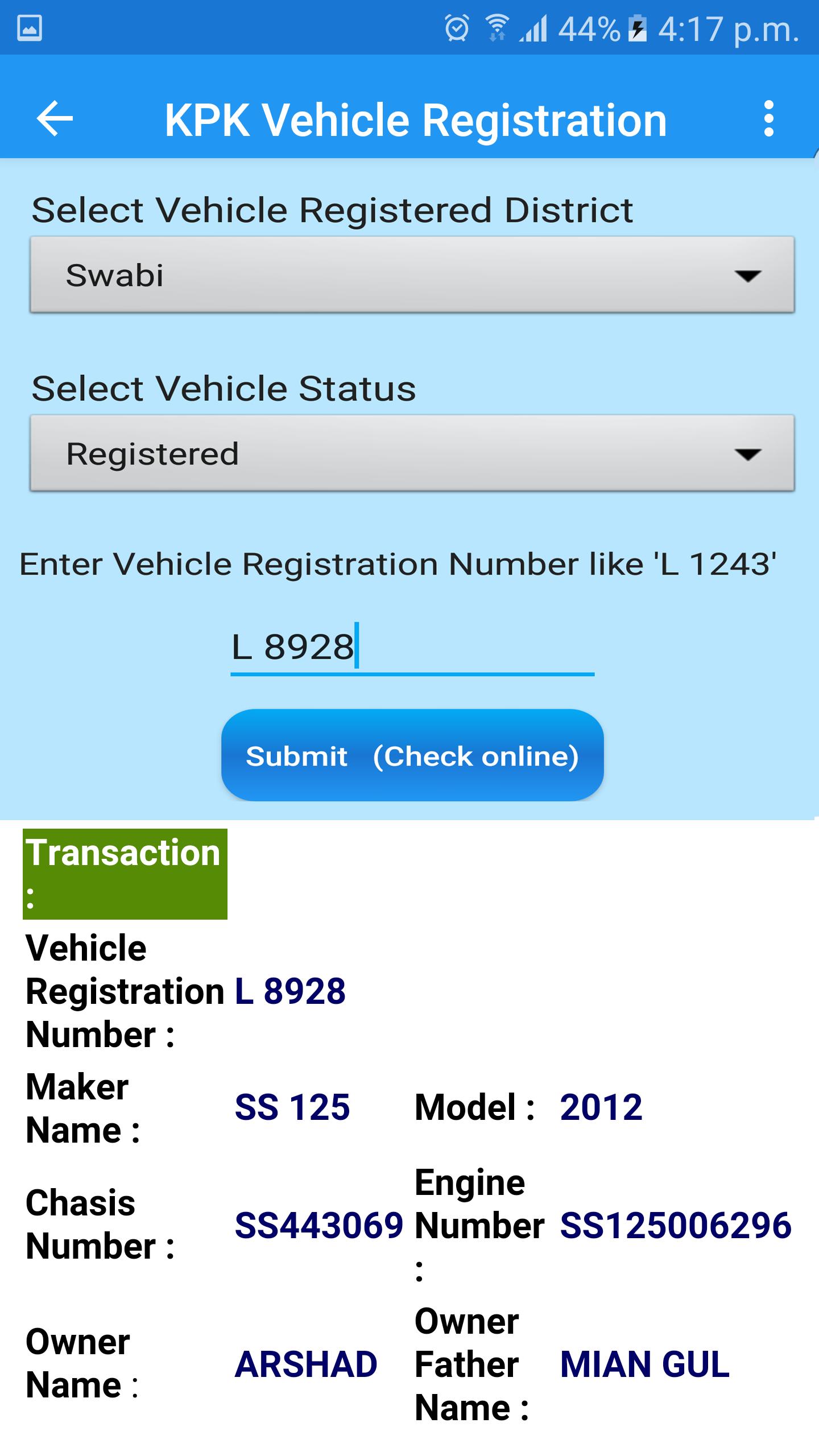 PAK Vehicle Registered Record